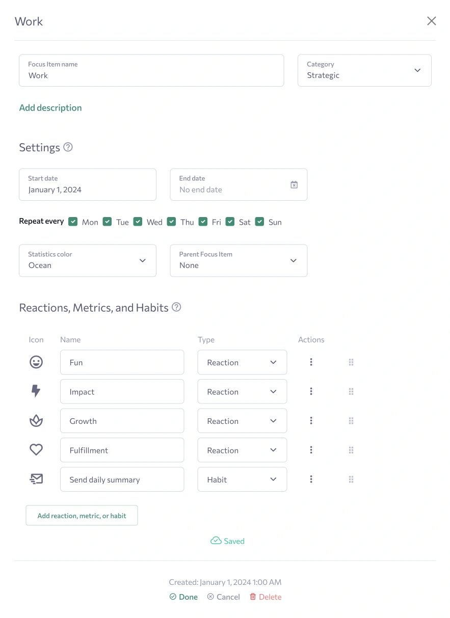 Focus Item form, settings, and actions in Focus Guru